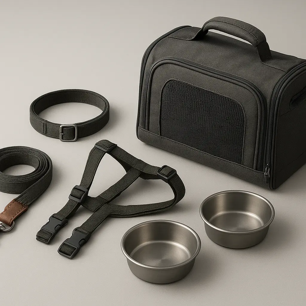 Leine, Halsband, Geschirr und Näpfe