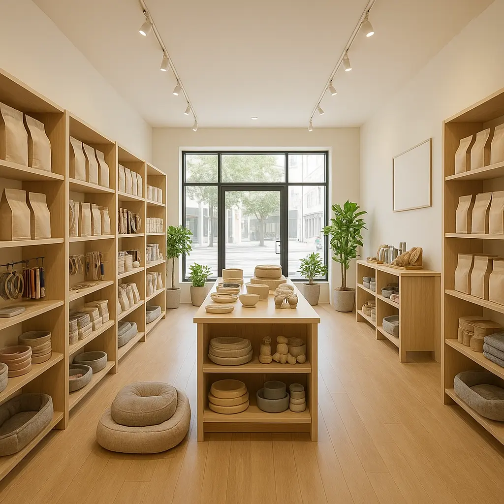 Heller Innenraum der Asfebrury Pet Boutique mit Tierfutter und Zubehör