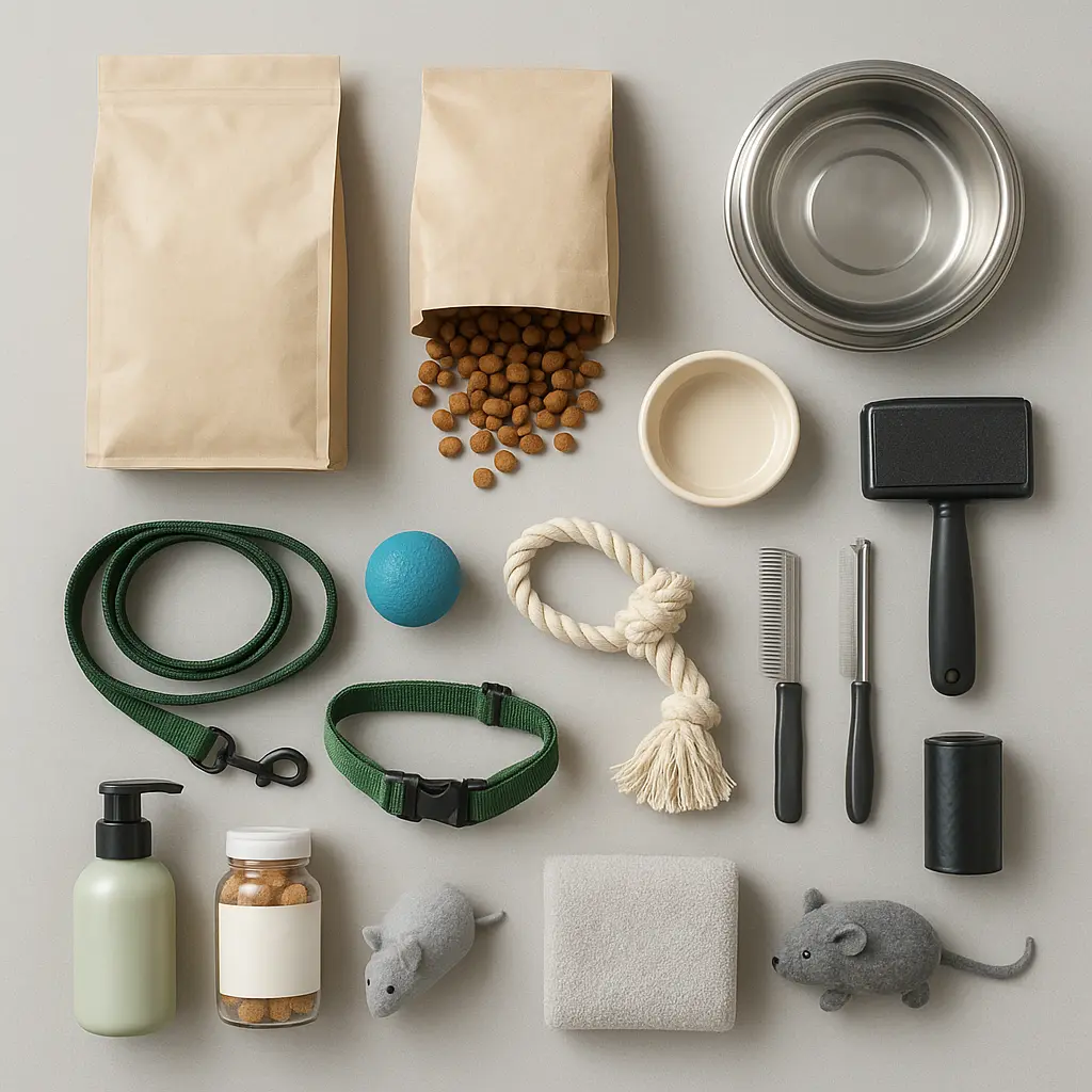 Auswahl an Tierbedarf wie Futter, Spielzeug und Näpfe